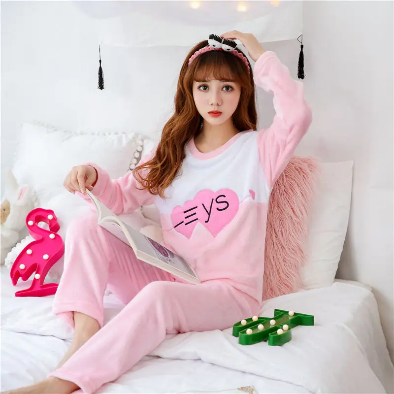 Женские пижамные комплекты, женские зимние элегантные кружевные пижамные комплекты, фланелевые широкие брюки, Дамский пижамный комплект из двух частей с принтом, домашняя одежда - Цвет: rong 2aixin ys pink