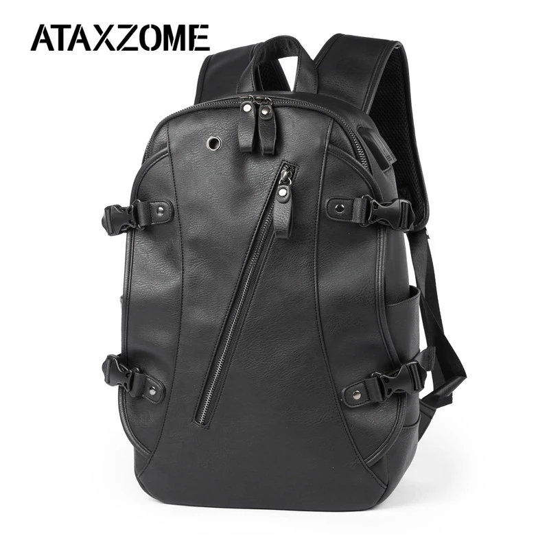 

ATAXZONE Fashion Men's Backpack PU Waterproof Leather USB Charging Multi-function Backpack Casual Short-Distance Travel Backpack