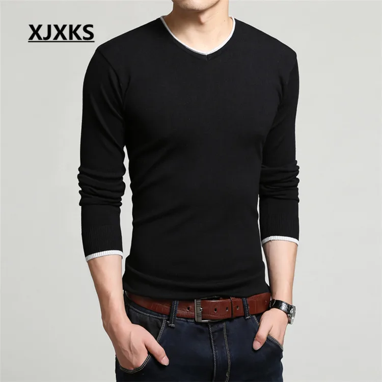 XJXKS Новинка весенне-осенний мужской свитер с v-образным вырезом брендовый вязаный свитер для отдыха большого размера M-4XL мужской джемпер 6 цветов - Цвет: Черный