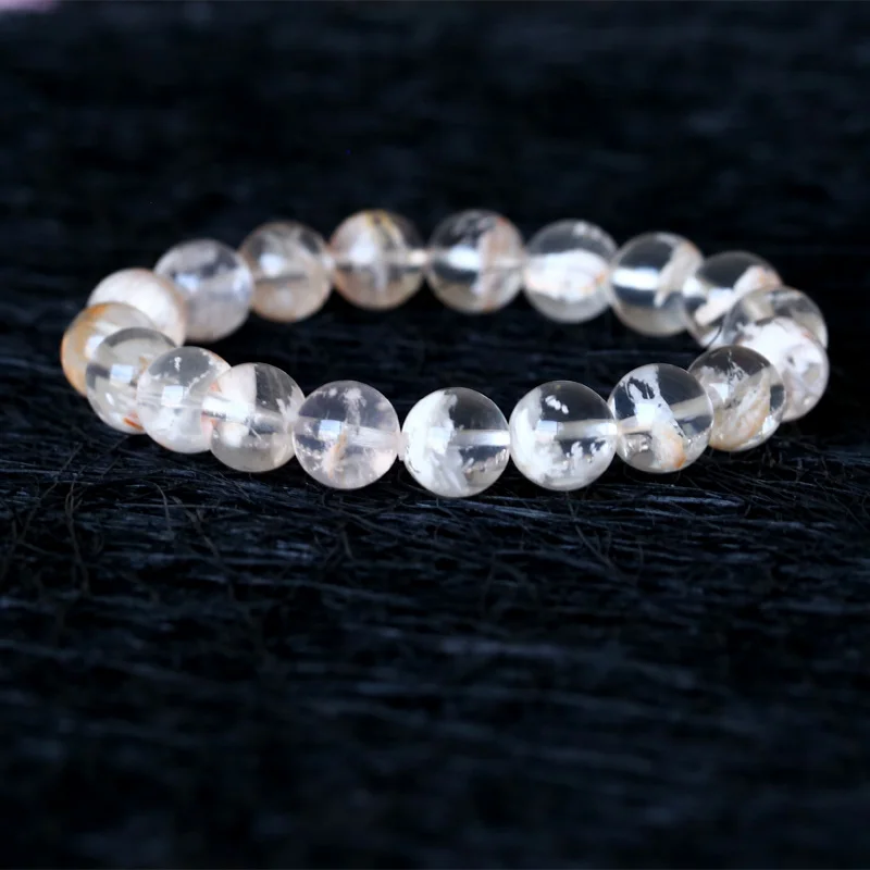 

High Quality Genuine Natural Clear White Orange Sericite Quartz Stretch Men's Bracelet Round Beads 10mm 05004