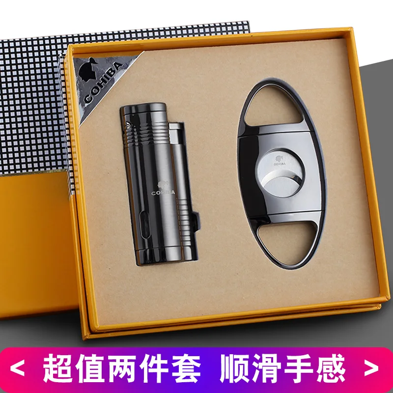 

COHIBA Windproof 3 Torch Jet Blue Flame Butane Gas Metal Cigar Lighter with Cigar Cutter Gift Set