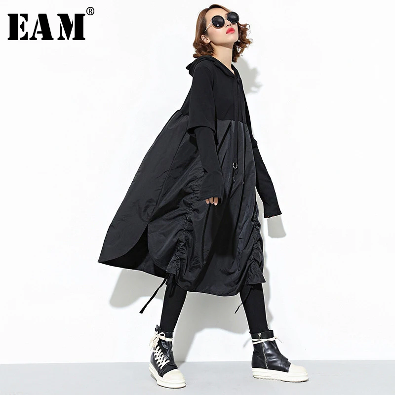 [EAM] 2020 New Spring Hooded Long Sleeve Drawstring Black Fold Split Joint Loose Long Dress Women F