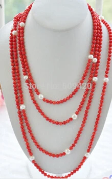 

Free shipping >>@ +>long 100inch 8-9mm freshwater white pearl 6mm red coral rounds bead necklace