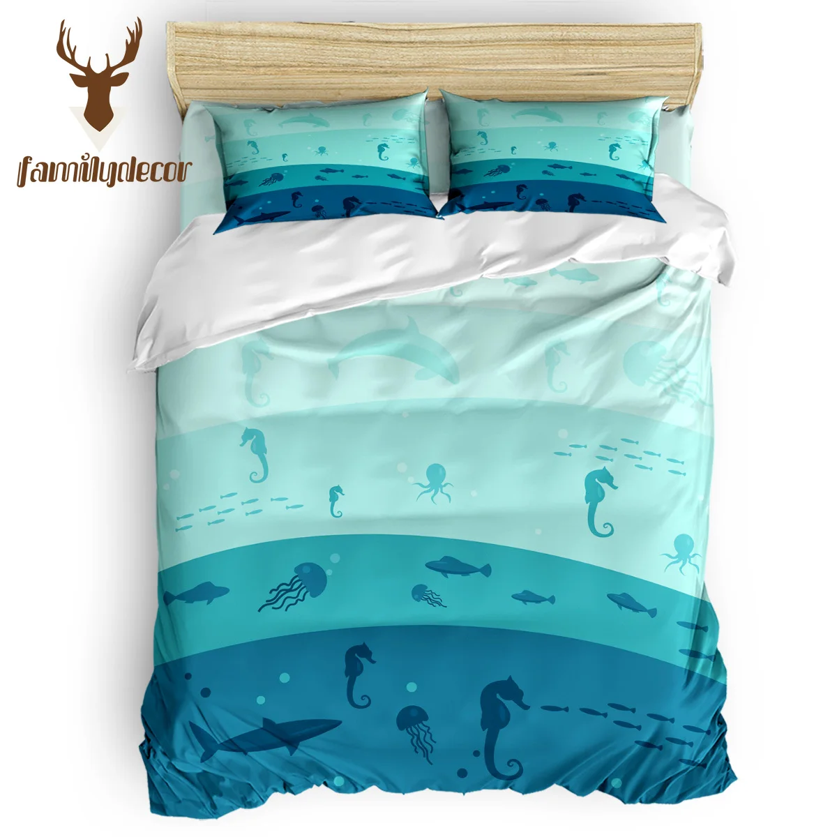 Familydecor Dhl Spedizione Gratuita Ocean Blue Shark Octopus Trapuntato Piumino Set Giorno Dell'Indipendenza Lavabile In Lavatrice California King Nuo