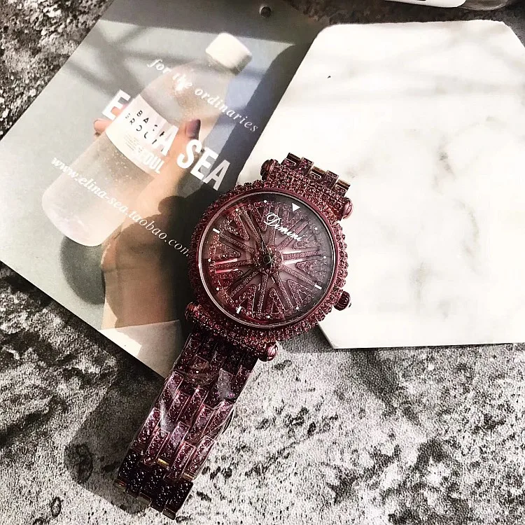 Новые поступления, роскошные Брендовые женские часы, полностью вращающаяся шкала с бриллиантами, наручные часы Relojes Mujer, женские фиолетовые Часы Relogio Feminino