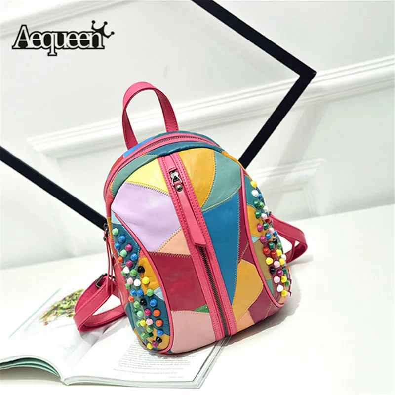 

AEQUEEN Women Genuine Leather Backpack Female Colorful Patchwork Shoulder Bag For Girls Rivet Travel School Bag Daypack Mochilas