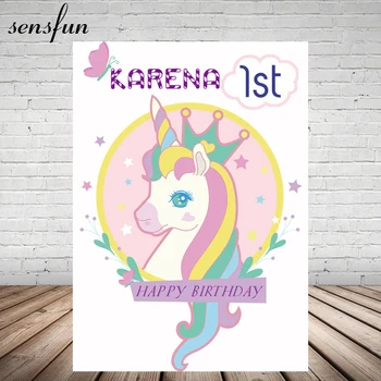 

5x7FT Vinyl Cartoon Unicorn Backdrop Pink Theme Baby New Shower 1st Happy Birthday Backgrounds Custom Name Date