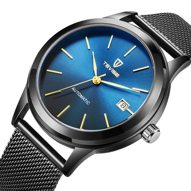 

Black Blue Mechanical Watch Men Mesh Steel Automatic Watches TEVISE Full Gold Luxury Waterproof Shockproof Date Wristwatch Mens