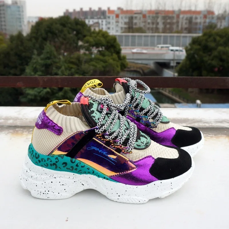 

Women Chunky Street Sneakers Knit Thick Soled Increased Women's Sneaker 2019 Spring Breathable Woman Shoes Lady Footwear