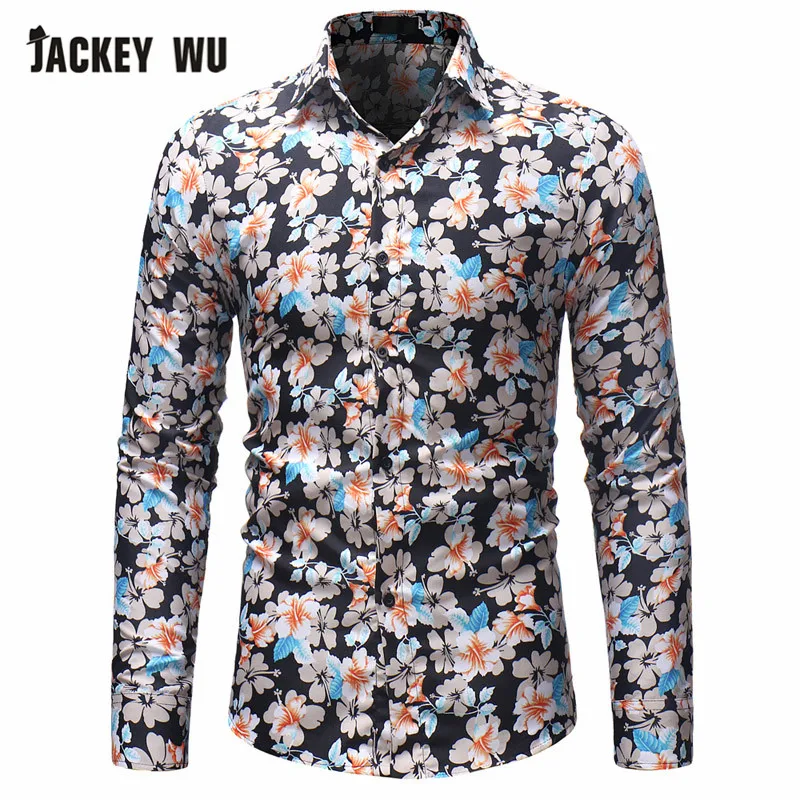

JACKEYWU Casual Shirts Men 2019 Fashion Floral Print Long Sleeve Hawaiian Shirt Slim Cotton Men's Clothing Hip Hop Streetwear