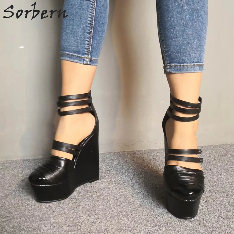 Sorbern/Черная Женская обувь на танкетке; женские туфли на высоком каблуке с ремешком на лодыжке и молнией сзади; цвета на заказ; американский размер 5-15