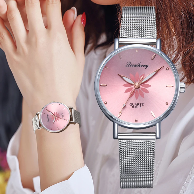 

Women's Wristwatches Luxury Silver Popular Pink Dial Flowers Metal Ladies Bracelet Quartz Clock Fashion Wrist Watch 2019 Top