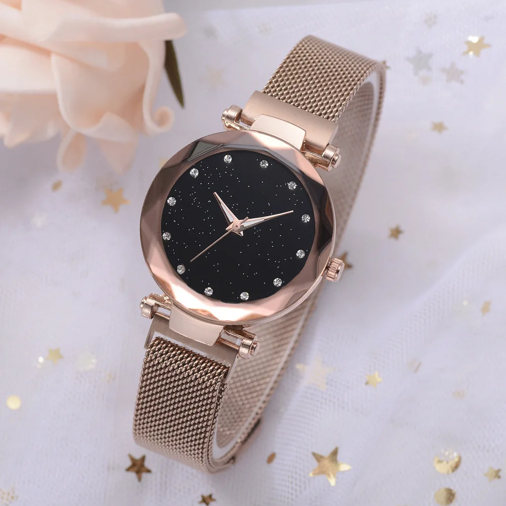 

Top Brand Watches Rose Gold Mesh Magnet Buckle Starry Quartz Watch Geometric Surface Casual Women Quartz Wristwatch 100pcs/lot