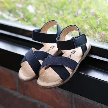 

Kids shoes summer sandals for kids girls elastic soft bottom open-toe beach roman shoes beige navy blue cheaper wholesale