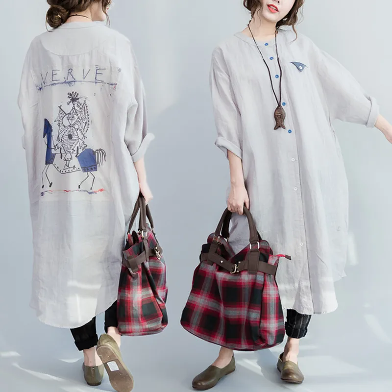 

BIG SIZE 5XL Summer Women European Vintage Print Cotton Linen Button T shirt Ladies Female Large Plus Casual Long Tops Dress