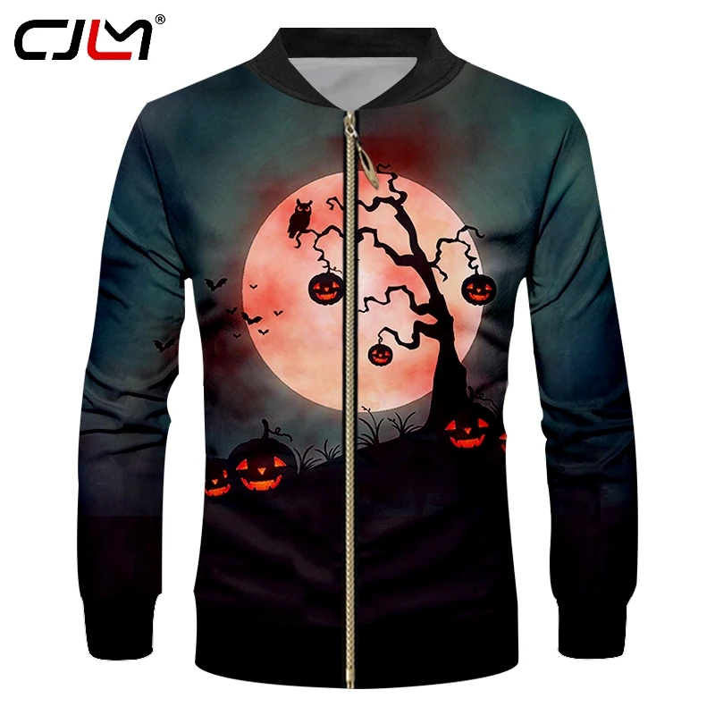 CJLM Halloween Theme Round Moon Man Zip Jacket Men's Zipper Coat Suppliers 3D Lantern Tree Printed Red Eyed Pumpkin | Мужская одежда