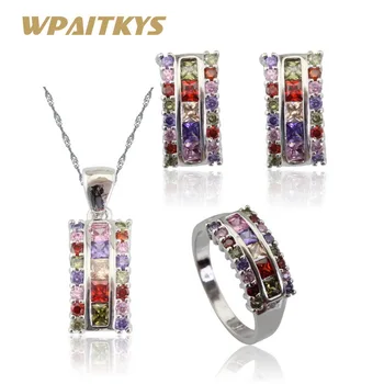 

Multicolor Stones Silver Color Jewelry Sets For Women Christmas Necklace Pendant Earrings Rings Free Box Made in China