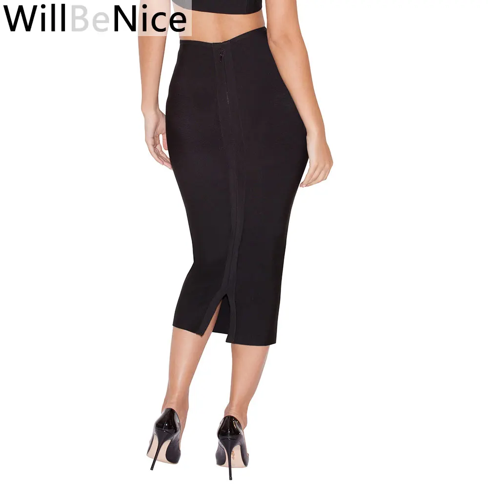 

WillBeNice Black High Waist Back Split Bodycon Skirts Sexy Women Mid Calf Pencil Pink Bandage Long Vintage Street Fashion Skirts