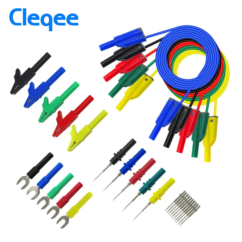 

Cleqee P1050B 4mm Safety Stacked Banana Plug Test Lead Kit for Multimeter Alligator clip& U-type Harpoon& puncture test Probe