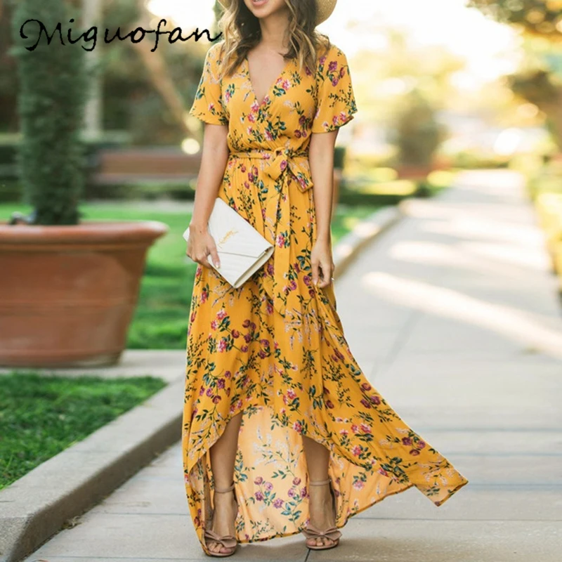 

Miguofan Print Summer Dress Women Sashes Wrap Boho Dresses Cotton Plus Size Spit Loose Bohemian Maxi Dress Female 2019