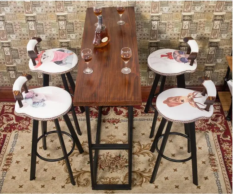Real wood bar chair. European bar chair. Iron art chair. Rotate the front chair