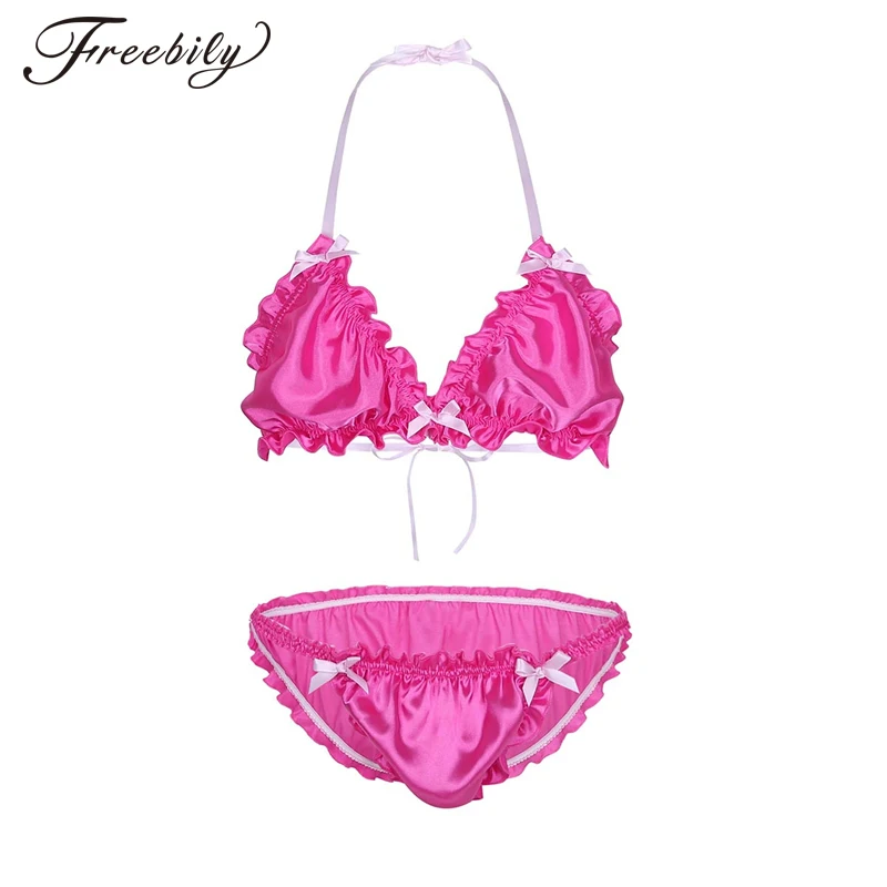 

Sissy Mens Ruffled Frilly Shiny Lingerie Set Strappy Halter Bikini Bra Top with Briefs G-Strings Underwear Gay Panties