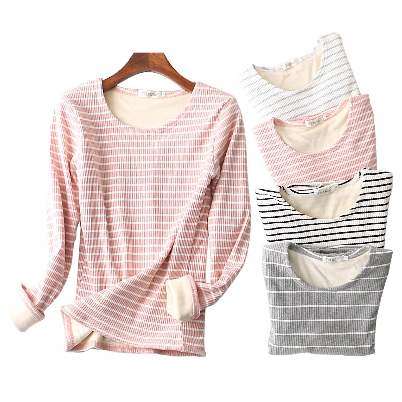

2018 Autumn And Winter Black And White Stripes Extra Soft And Velvet Warm Long Sleeves T-shirt Thermal Underwear Tops