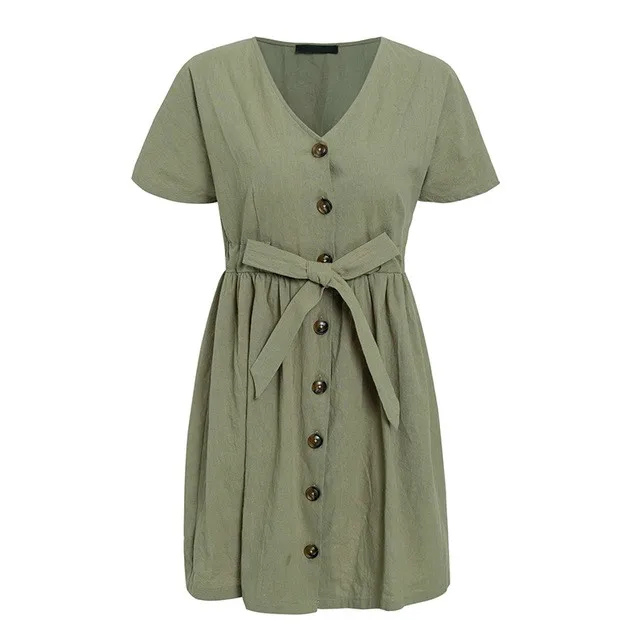 Женская рубашка с v-образным вырезом из хлопка и льна, короткий летний кардиган с короткими рукавами, кружевные платья - Цвет: Зеленый