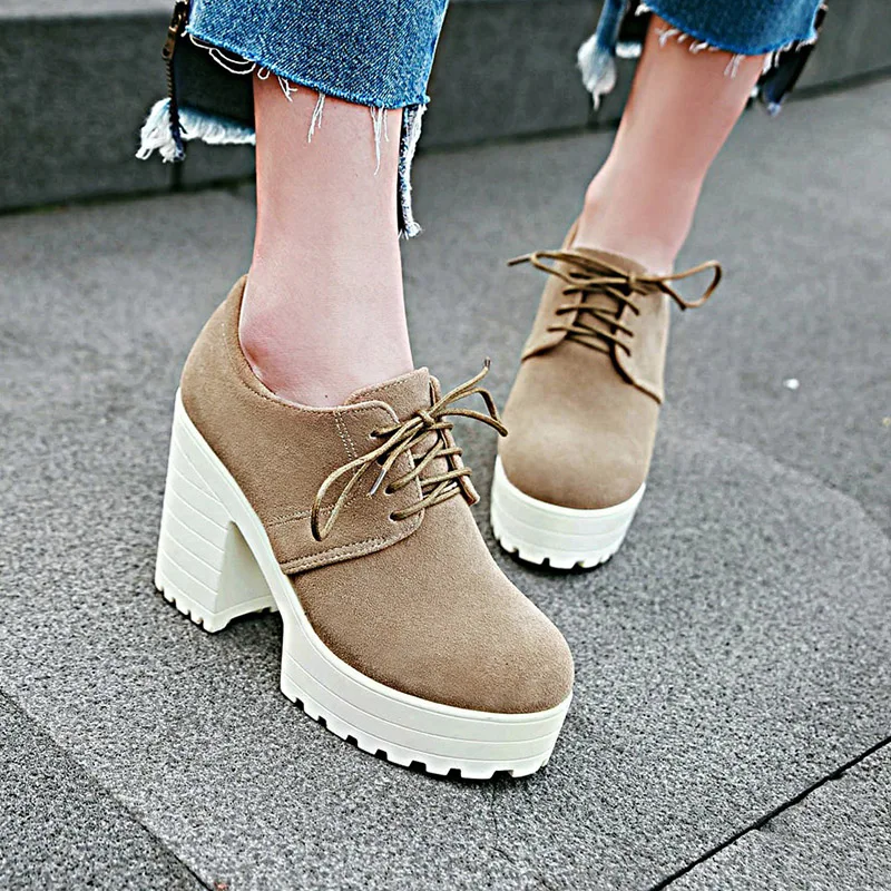 

European retro style comfortable round head nubuck pumps fashion lace-up platform thick high heels woman shoes big size