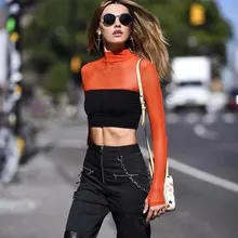 Пикантные сетчатые Топы Водолазка женская футболка с длинными рукавами в стиле пэчворк укороченный топ новые Клубные вечерние уличные футболки femme ulzzang