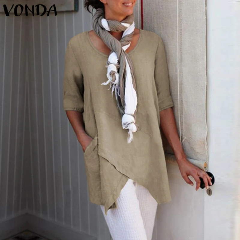 VONDA летние женские блузки, длинные топы, винтажные сексуальные рубашки с круглым вырезом, женские повседневные свободные блузы размера плюс S-5XL - Цвет: Khaki