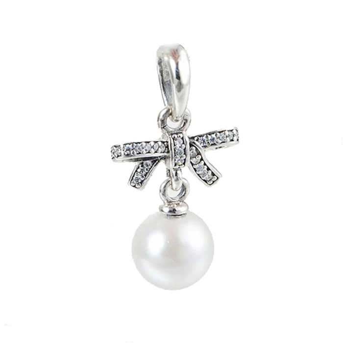

New 925 Sterling Silver Charm Brilliant Bow with Pearl Necklace Pendant Fit Original Pandora Bracelet Bangle Women Jewelry Gift