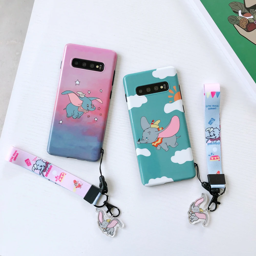 

Cartoon S10 Plus Cute Dumbo Case Soft Phone Cases for Samsung Galaxy S9 plus S8 note 10 plus 9 8 Cover + Crystal Pendant Strap