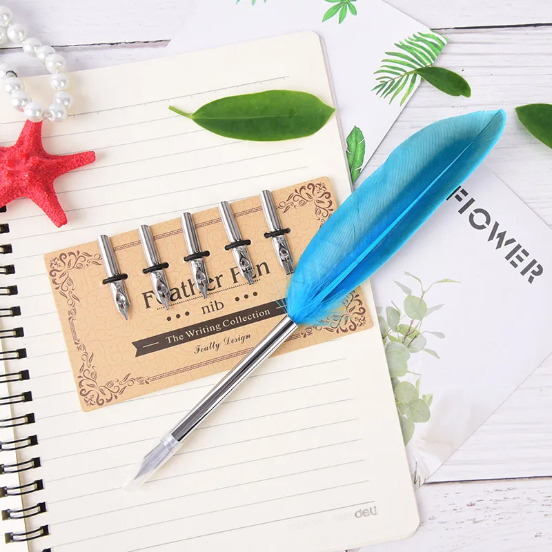 1 Set Retro Feather Fountain Pen Quill Oblique Pens and 5pcs Nib Carved