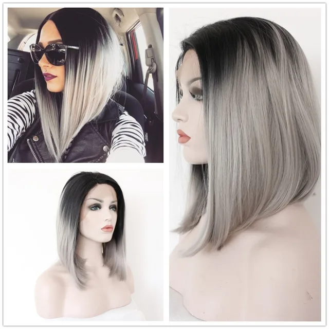 Dark Root Ombre Grey Bob Wig Black And Gray Lace Front Short Dark Root Ombre Grey Bob Wig Black And Gray Lace Front Short Wigs