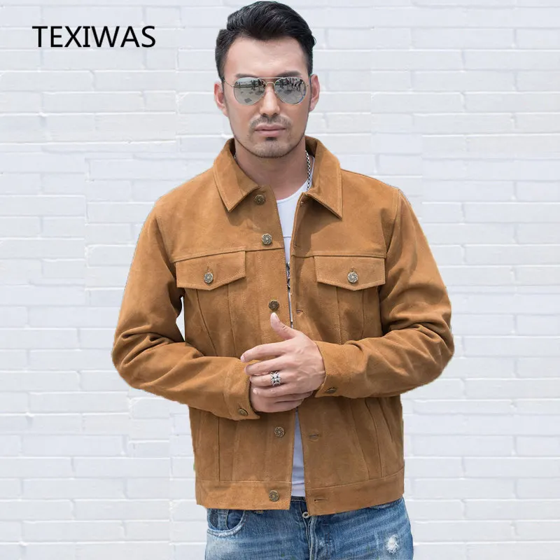

TEXIWAS Genuine Leather Jacket men Real cowhide Slim Casual coat button Soft Suede real Leather Motorcycle Jacket Top Quality