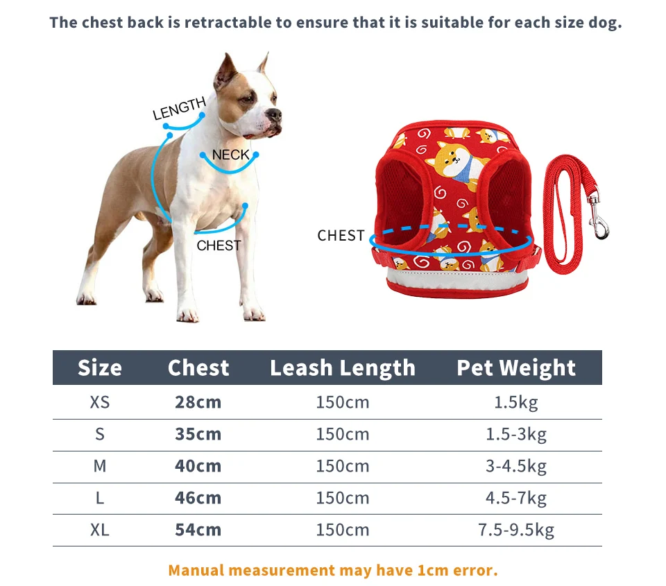 Шлейка с поводком для собак, Регулируемый жилет, товары для прогулок, мягкий дышащий милый щенок, узор для маленьких средних и больших собак