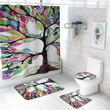 

Toilet Cover Seat 4PCS Non Slip Toilet Polyester Cover Mat Bathroom Shower Curtain Hand-Painted Tree print Carpet Doormats M50#