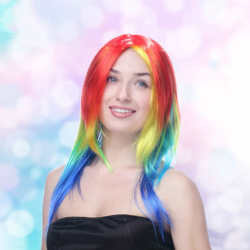 

New 1pc Rainbow Long Straigh Wigs Synthetic High Temperature Fiber Fake Hair Cosplay Wigs Christmas Carnival Makeup Party Props