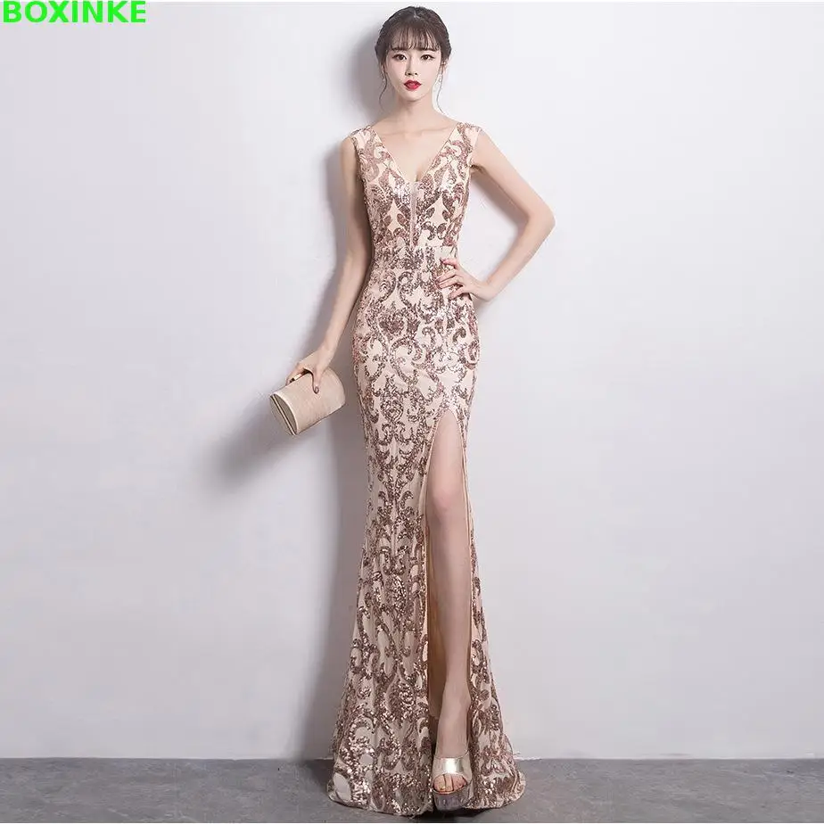 2018 Real Solid Robe Women Dress Vestidos De Fiesta New Autumn, Winter, Fashion, Golden Banquet, Sexy Long, Long Dresses And