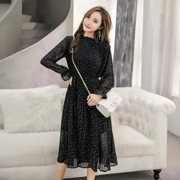 

Elegant O-neck office lady Pleated Chiffon Dresses Summer Polka Dot Elastic Slim Waist Female Dress Girls Chic Vestidos Clothes