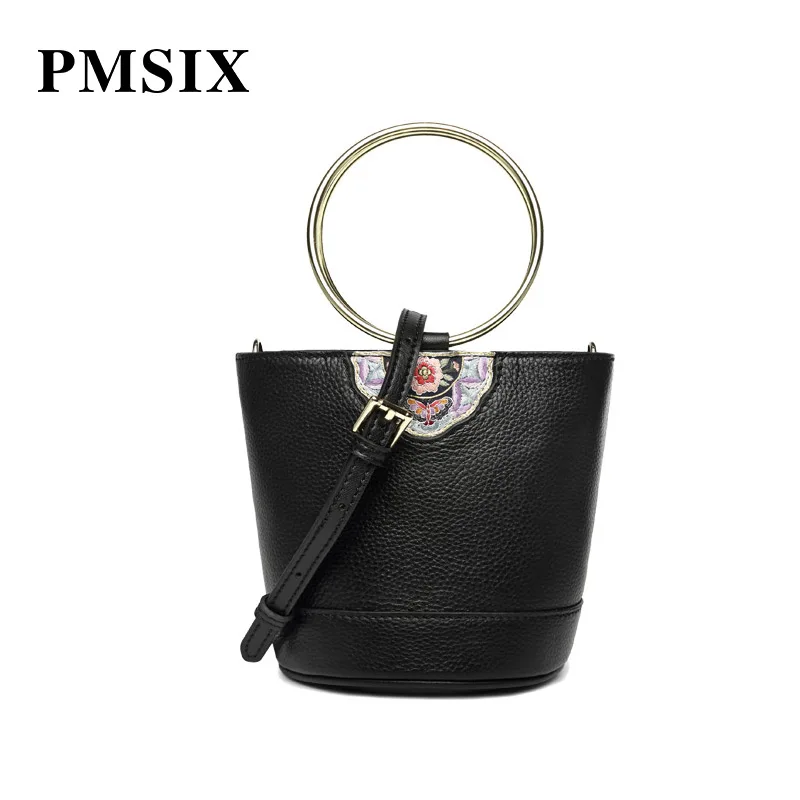 

PMSIX 2019 Women famous brands Embroidery Cow Leather Handbags Casual Bucket Shoulder Bag Fashion Artificial Bolsa Feminina