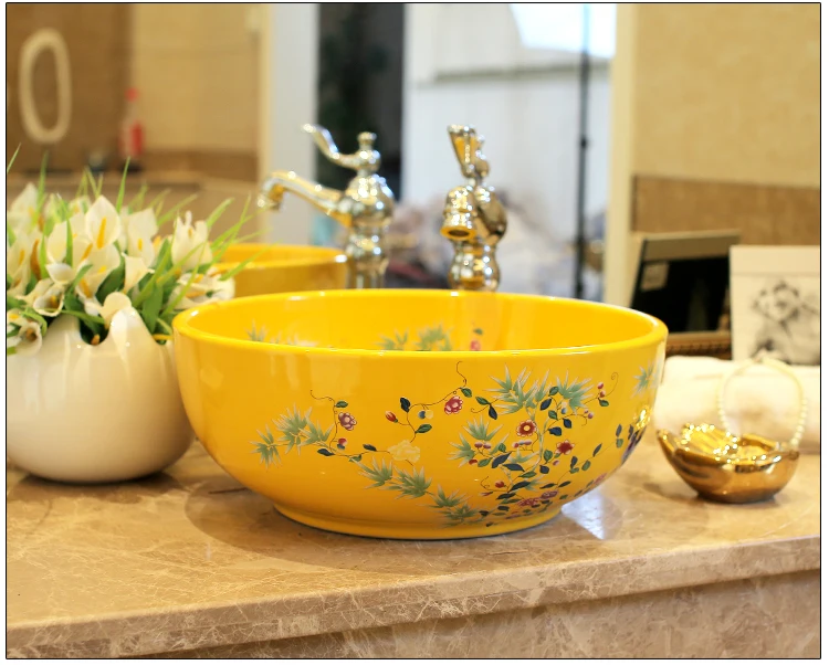 Porcelain wash basin sink ceramic basin sink Counter Top Wash Basin bathroom ceramic counter top wash basin yellow flower and bird (3)