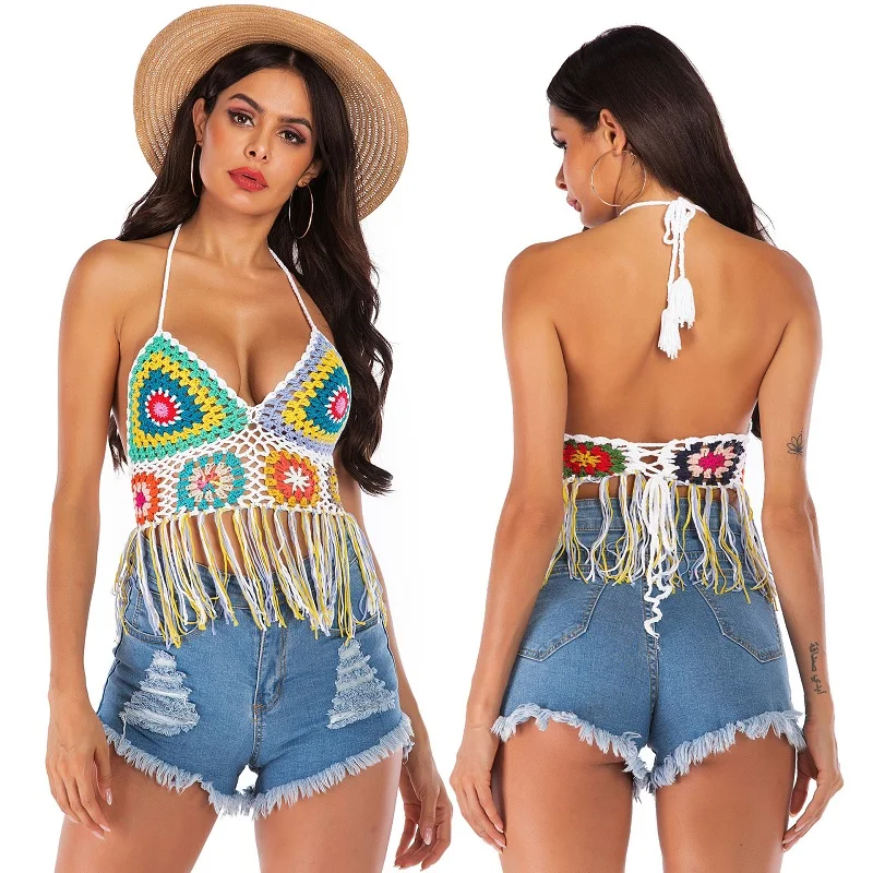 

2019 New rainbow crochet tassel Blouse Women Tops Backless Sexy Camis Shirts Feminino Casual