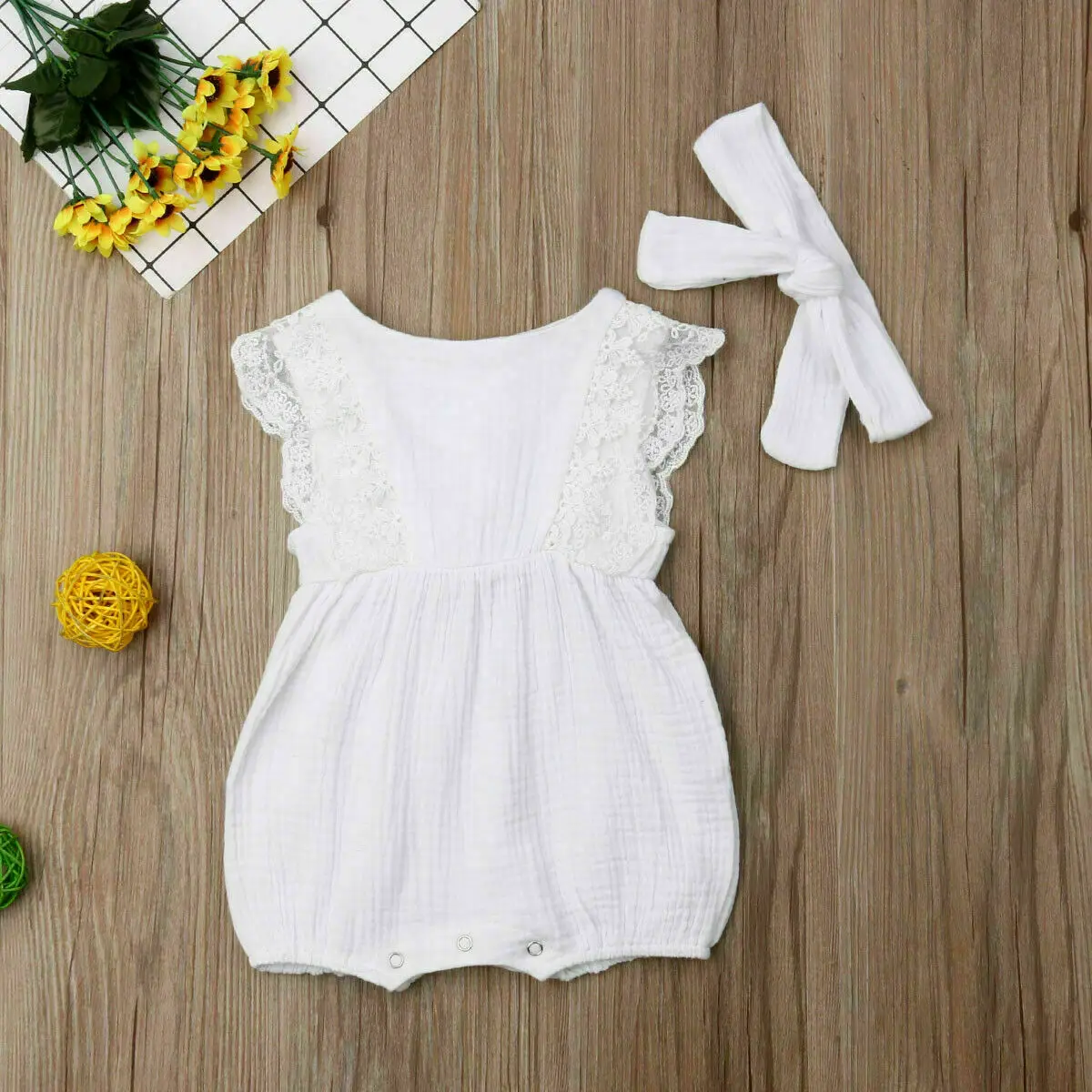 

2PCS Summer Newborn Baby Girls Rompers Clothes Ruffle Sleeve Romper Headband Outfits Set