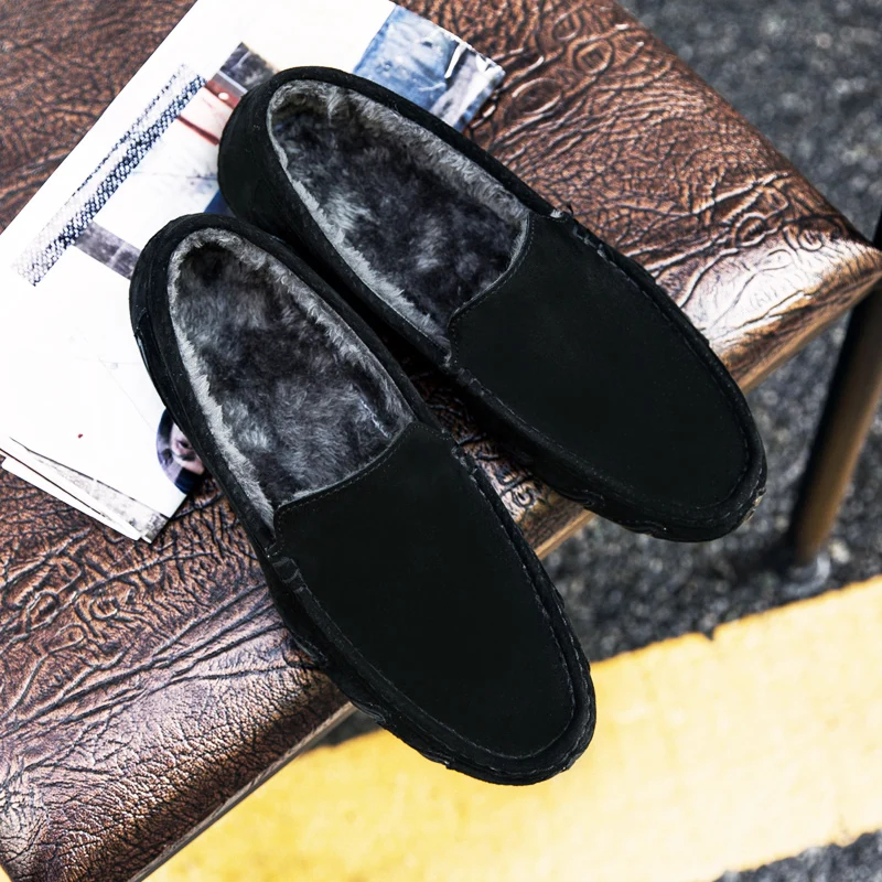 

Winter Mens Fur Loafers Comfortable Man Casual Loafers Gray Khaki Warm Male Loafers Lightweight Walking Flat Shoes Men