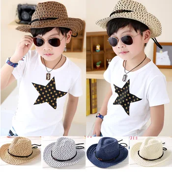 

Hand woven children's cowboy hat leisure jazz hat New fashion baby sun beach hat Kids summer cool straw hats cap