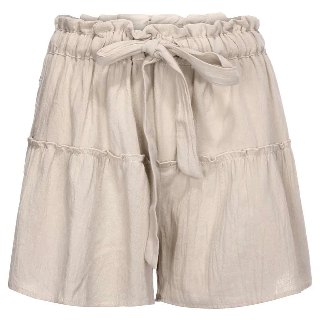 S-XL Shorts Women Lace High Waist Shorts Cotton Linen Short Pants Women Summer Shorts Ruffles short femme été korte broek dames - Цвет: Бежевый