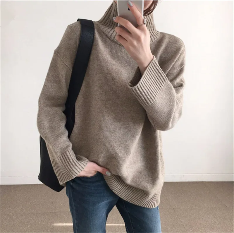 

new arrival goat cashmere thick solid knit women korean style high collar long pullover sweater white 2color one&over size