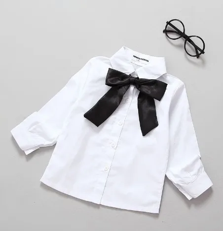 Школьная блузка для девочек Новинка года, зимняя белая рубашка для девочек с черным бантом, топы для малышей, одежда для девочек осенняя одежда для девочек с узорами - Цвет: Бежевый